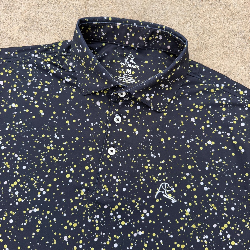 Rhoback | Performance Polo Splatter Black Yellow Mens Medium Golf Athletic